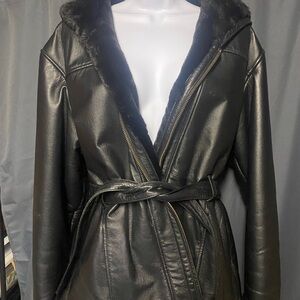 Black Faux Leather Belted Jacket